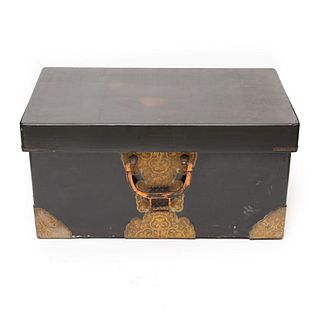 Japanese Meiji Brass Decorated Lacquered Wood Traveling Chest