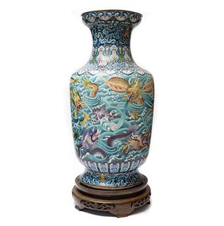 asian Monumental Chinese Cloisonne Vase W Carved Wooden Stand