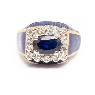 14K Gold Enameled, Sapphire and Diamond Ring