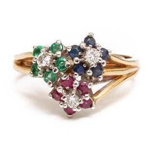 14K Diamond, Ruby, Emerald and Sapphire Ring