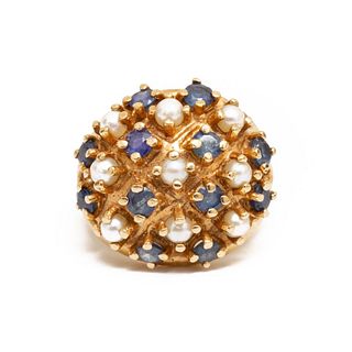 14K Gold, Sapphire and Seed Pearl Ring