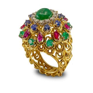 GIA 18k gold Diamond sapphire, ruby and emerald bombe statement ring