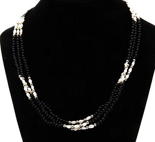 GIA 14kt gold 3 strand onyx and pearl necklace