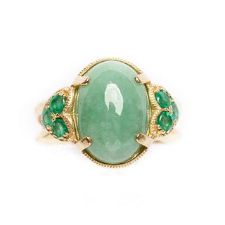 GIA 14k gold , cabochon jade and emerald ring