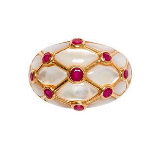 GIA 20th Century 14K Gold, Ruby and Mother of Pearl Ring