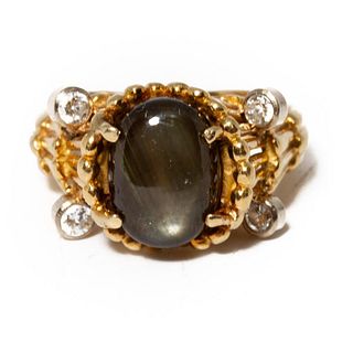 GIA 18K Gold, Black Star Sapphire and Diamond Ring