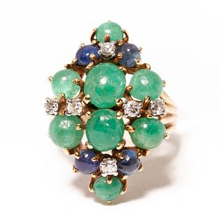 14K Gold, Emerald, Sapphire and Diamond Cluster Ring
