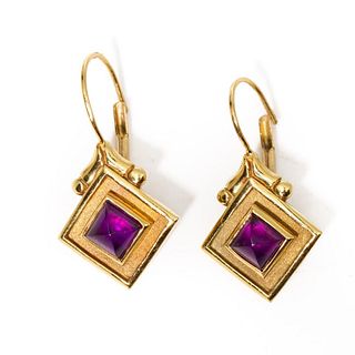 GIA 18K Gold and Amethyst Pyramid Shaped Earrings