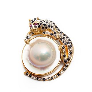 Vintage 14kt Gold Mabe Pearl Panther Pendant Pin with Gemstones