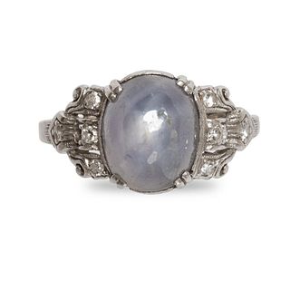 GIA Vintage 6.3 ct star sapphire, diamond and platinum ring