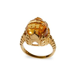 GIA gold ring with colossal citrine in architectural mounting