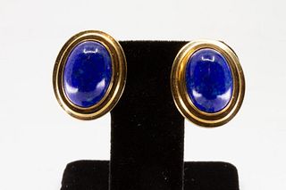 GIA 14K yellow gold oval lapis and gold earrings