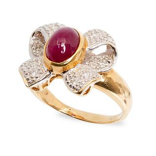 GIA 14K yellow and white gold ruby and diamond bow ring