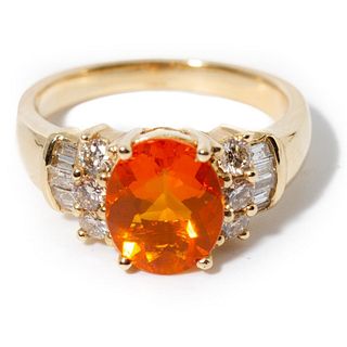 14K Yellow Gold, Fire Opal and Diamond Ring