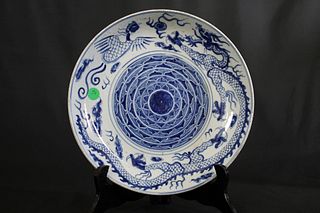Blue and White Porcelain Large Plate, 'Dragon and Phoenix Chasing Flaming Pearl'