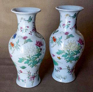 Famille Rose, a Pair of Butterfly, Peony and Lotus Pattern Guanyin Vases with Warm and Gentle Glaze, Made in 1950 and 1960's
