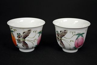 Famille Rose  Fruit and Butterfly Twain Porcelain Cups, Tong Zhi Nian Zhi Mark