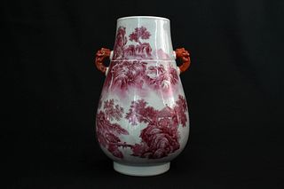 Zou Guojun Inscription, 'Fishing by Brook Stream', Rouge Red Landscape Vase with Two Handles