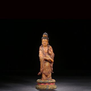 A Carved Tianhuang Stone Standing Statue Of Guanyin