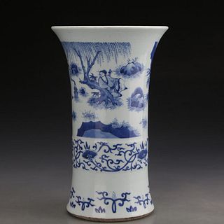 A Chinese Blue And White Figure Porcelain Beaker Vase