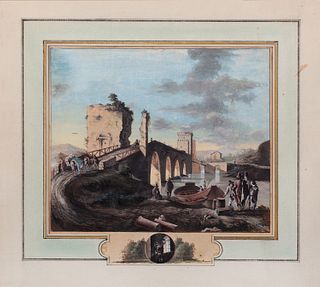 Pittore fiammingo attivo a Roma, secolo XVIII - View of Ponte Milvio in Rome with fishermen 