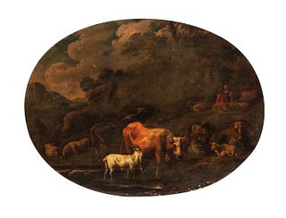 Pittore fiammingo attivo in Italia, inizi secolo XVIII - Two river landscapes with shepherds and herds at the ford