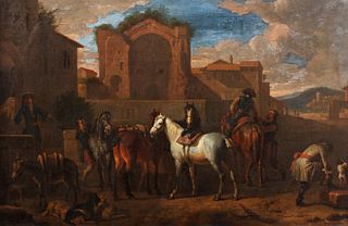 Pieter van Bloemen, detto lo Stendardo (Anversa 1657-1720)  - Rest of knights in a village