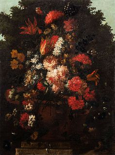 Scuola romana, seconda metà del secolo XVII - Two still lifes of flowers: Roses, tulips, carnations and other flowers in a vase en plein air; and Carn