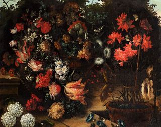 Scuola romana, seconda metà del secolo XVII - Two still lifes of flowers: roses, tulips, carnations and other flowers en plein air with a butterfly; a