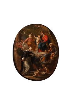 Scuola romana, secolo XVIII - The Madonna and Child, Saint Joseph and Saint Peter appear to Saint Dominic 