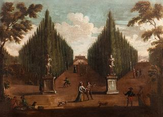 Scuola veneta, secolo XVIII - Garden of a villa with bystanders; and Garden of a villa with beggars near ancient sculptures