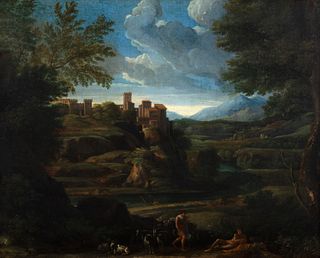 Jan Frans  van Bloemen, detto L'Orizzonte (Anversa 1662-Roma 1749)  - Arcadian landscape with shepherds and herds in the foreground and a turreted vil