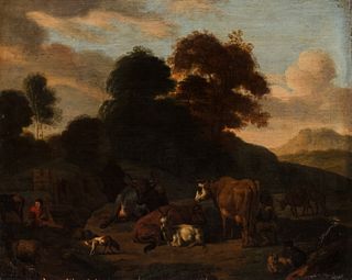 Cerchia di Nicolaes Berchem (Haarlem 1620 – Amsterdam 1683) - Landscape with shepherds and herds