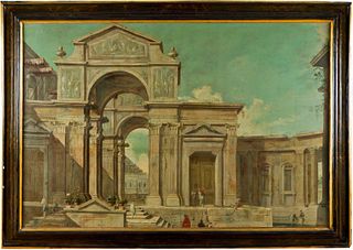 Scuola veneta, secolo XVIII - Architectural capriccio with a monumental building with a central arch surmounted by a tympanum and bystanders in elegan