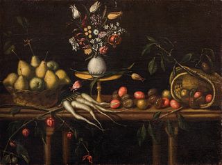 Scuola dell'Italia settentrionale, secolo XVII - Pears in a wicker basket, plums, vegetables and flowers in a vase on a balustrade