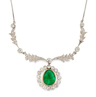 A BELLE EPOQUE EMERALD AND DIAMOND NECKLACE, the pear shape