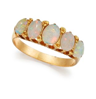 A FIVE STONE OPAL RING, the five graduated oval opal caboch