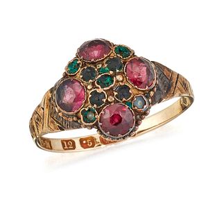 A VICTORIAN 12CT GOLD AND GEMSET RING,?set with four garnet