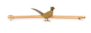 A 15 CARAT GOLD AND ENAMEL PHEASANT BROOCH, the naturalisti
