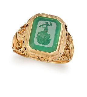 AN AGATE INTAGLIO RING, the emerald cut pale green hardston