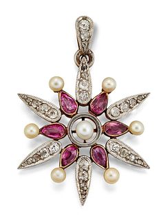 AN EARLY 20TH CENTURY DIAMOND, RUBY AND PEARL PENDANT, the 