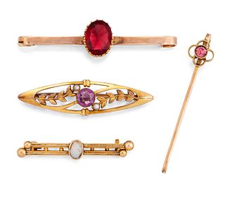 FOUR GOLD AND GEMSET BAR BROOCHES, comprising an unmarked o