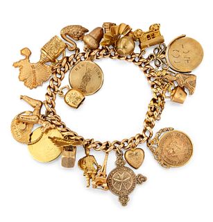A 15CT CHARM BRACELET, the curblink bracelet with concealed