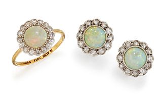 AN 18CT AND PLATINUM OPAL AND DIAMOND CLUSTER RING AND A PA
