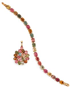 A 9CT TOURMALINE PENDANT AND MATCHING BRACELET, the round p