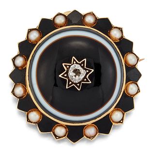 A VICTORIAN BANDED AGATE, SPLIT PEARL, DIAMOND AND ENAMEL M
