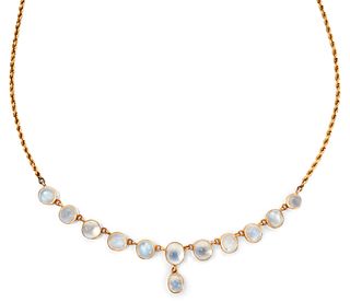 A 9CT MOONSTONE NECKLACE, the slightly graduated oval and r