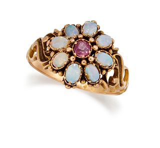 A VICTORIAN 15 CARAT GOLD OPAL AND RUBY CLUSTER RING, the c