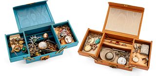 TWO BOXES OF MIXED SILVER AND COSTUME JEWELLERY, to include
