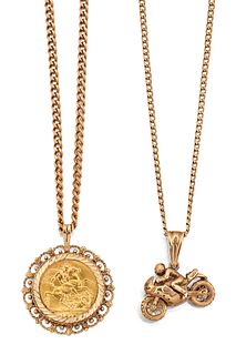 TWO GOLD NECKLACES, the first a 1913 sovereign in 9ct mount
